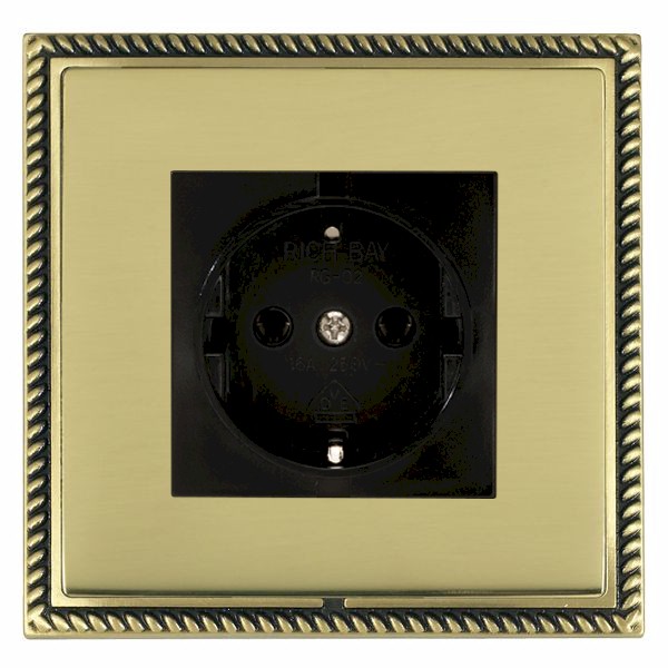 Linea-Georgian CFX Antique Brass Frame/Polished Brass Front 1 gang 10/16A 220/250V AC German Unswitched Socket Black