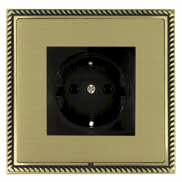 Linea-Georgian CFX Antique Brass Frame/Satin Brass Front 1 gang 10/16A 220/250V AC German Unswitched Socket Black