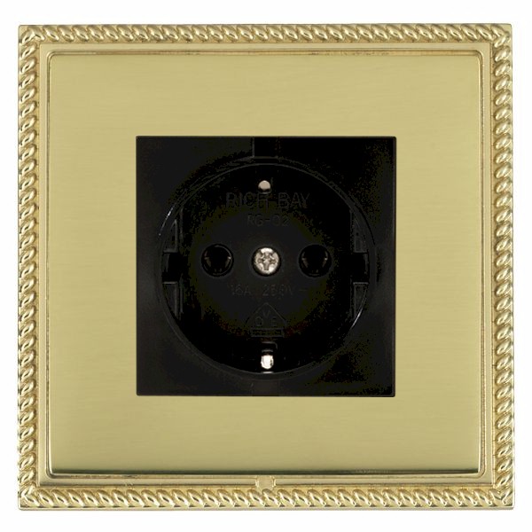 Linea-Georgian CFX Polished Brass Frame/Polished Brass Front 1 gang 10/16A 220/250V AC German Unswitched Socket Black