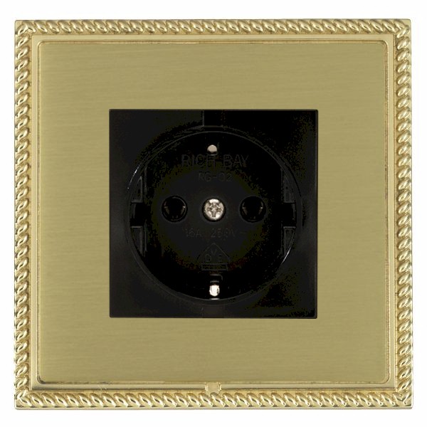 Linea-Georgian CFX Polished Brass Frame/Satin Brass Front 1 gang 10/16A 220/250V AC German Unswitched Socket Black