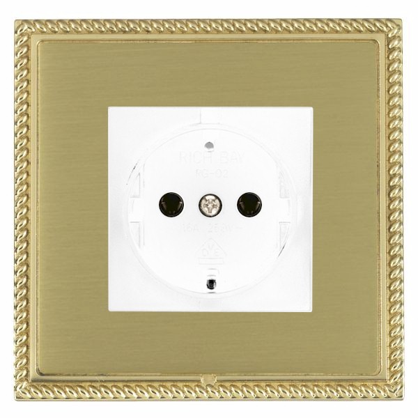 Linea-Georgian CFX Polished Brass Frame/Satin Brass Front 1 gang 10/16A 220/250V AC German Unswitched Socket White