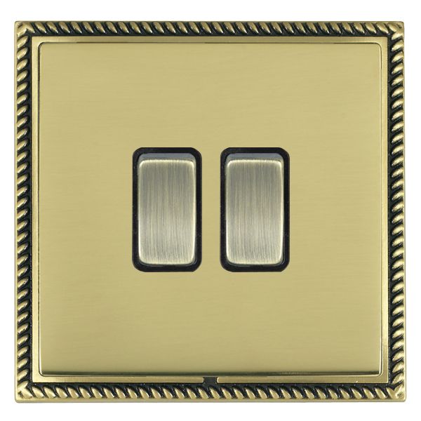 Linea-Georgian CFX Antique Brass Frame/Polished Brass Front 2 gang 10AX 2 Way Rocker Antique Brass/Black