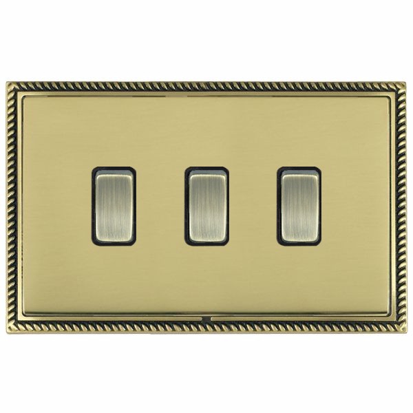 Linea-Georgian CFX Antique Brass Frame/Polished Brass Front 3 gang 20AX 2 Way Rocker Antique Brass/Black