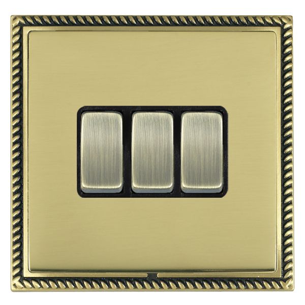 Linea-Georgian CFX Antique Brass Frame/Polished Brass Front 3 gang 10AX 2 Way Rocker Antique Brass/Black