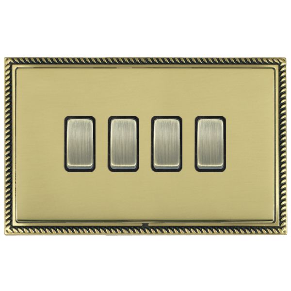 Linea-Georgian CFX Antique Brass Frame/Polished Brass Front 4 gang 20AX 2 Way Rocker Antique Brass/Black