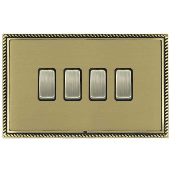 Linea-Georgian CFX Antique Brass Frame/Satin Brass Front 4 gang 20AX 2 Way Rocker Antique Brass/Black