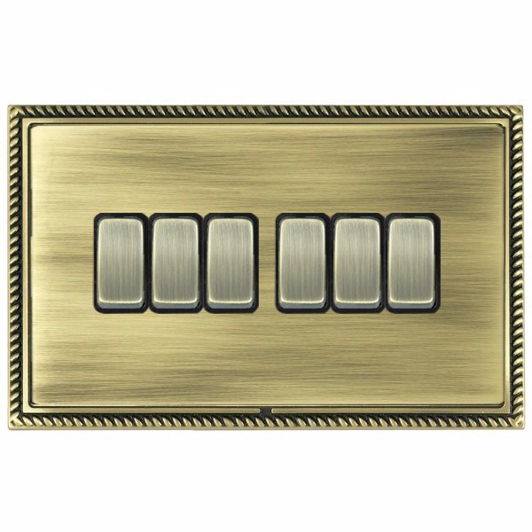 Linea-Georgian CFX Antique Brass Frame/Antique Brass Front 6 gang 10AX 2 Way Rocker Antique Brass/Black