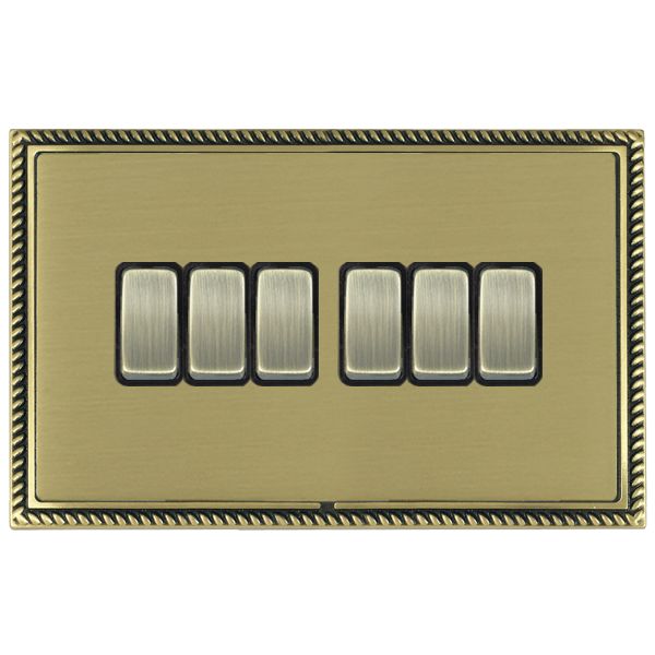 Linea-Georgian CFX Antique Brass Frame/Satin Brass Front 6 gang 10AX 2 Way Rocker Antique Brass/Black