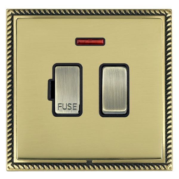 Linea-Georgian CFX Antique Brass Frame/Polished Brass Front 1 gang 13A Double Pole Fused Spur and Neon Antique Brass/Black