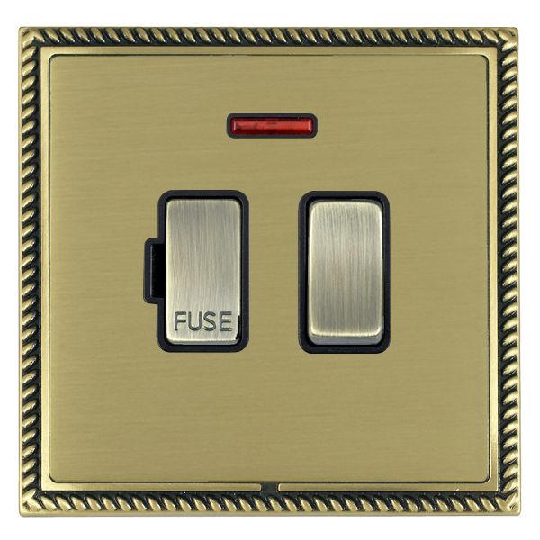 Linea-Georgian CFX Antique Brass Frame/Satin Brass Front 1 gang 13A Double Pole Fused Spur and Neon Antique Brass/Black