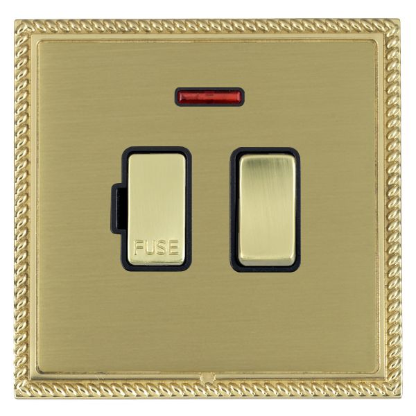 Linea-Georgian CFX Polished Brass Frame/Satin Brass Front 1 gang 13A Double Pole Fused Spur and Neon Polished Brass/Black