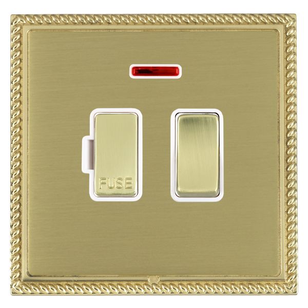 Linea-Georgian CFX Polished Brass Frame/Satin Brass Front 1 gang 13A Double Pole Fused Spur and Neon Polished Brass/White