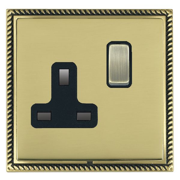 Linea-Georgian CFX Antique Brass Frame/Polished Brass Front 1 gang 13A Double Pole Switched Socket Antique Brass/Black
