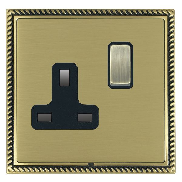 Linea-Georgian CFX Antique Brass Frame/Satin Brass Front 1 gang 13A Double Pole Switched Socket Antique Brass/Black