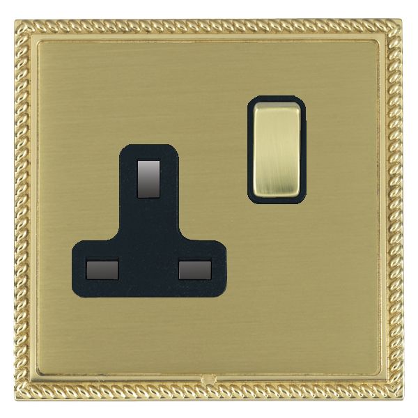 Linea-Georgian CFX Polished Brass Frame/Satin Brass Front 1 gang 13A Double Pole Switched Socket Polished Brass/Black