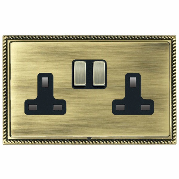 Linea-Georgian CFX Antique Brass Frame/Antique Brass Front 2 gang 13A Double Pole Switched Socket Antique Brass/Black