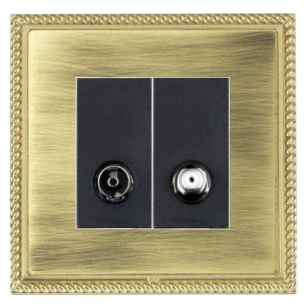 Linea-Georgian CFX Polished Brass Frame/Antique Brass Front 2 gang Non-Isolated TV+Satellite 2in/2out Black