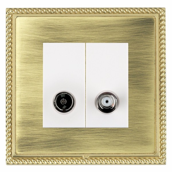 Linea-Georgian CFX Polished Brass Frame/Antique Brass Front 2 gang Non-Isolated TV+Satellite 2in/2out White