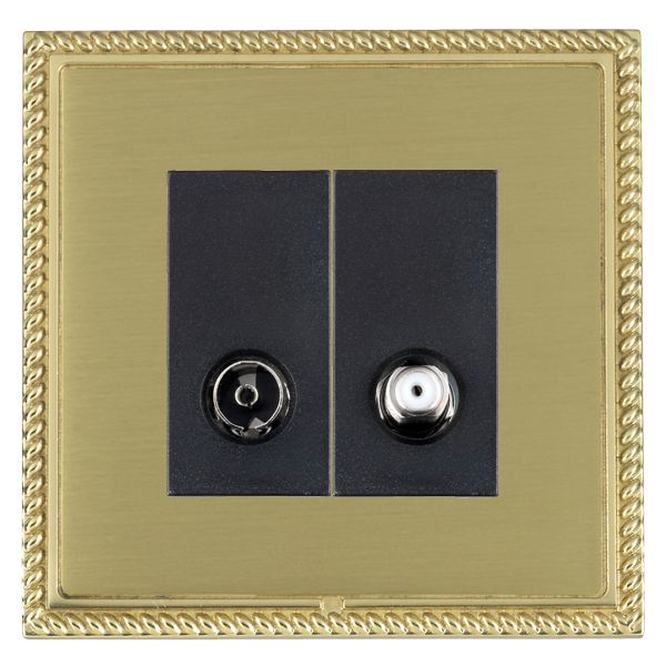 Linea-Georgian CFX Polished Brass Frame/Satin Brass Front 2 gang Non-Isolated TV+Satellite 2in/2out Black