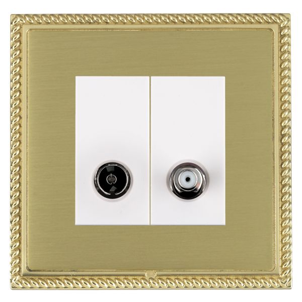 Linea-Georgian CFX Polished Brass Frame/Satin Brass Front 2 gang Non-Isolated TV+Satellite 2in/2out White