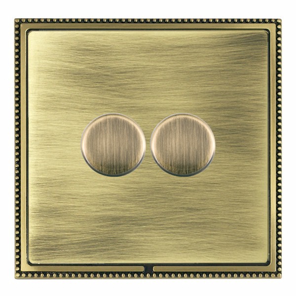 Linea-Perlina CFX Antique Brass Frame/Antique Brass Front 2 gang 100W LED 2 Way Push On/Off Rotary Dimmer Antique Brass
