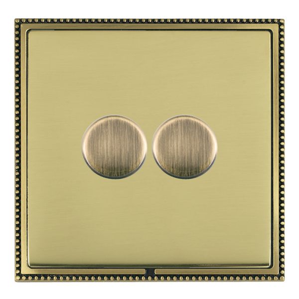Linea-Perlina CFX Antique Brass Frame/Polished Brass Front 2 gang 100W LED 2 Way Push On/Off Rotary Dimmer Antique Brass