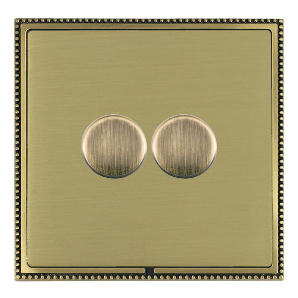 Linea-Perlina CFX Antique Brass Frame/Satin Brass Front 2 gang 100W LED 2 Way Push On/Off Rotary Dimmer Antique Brass