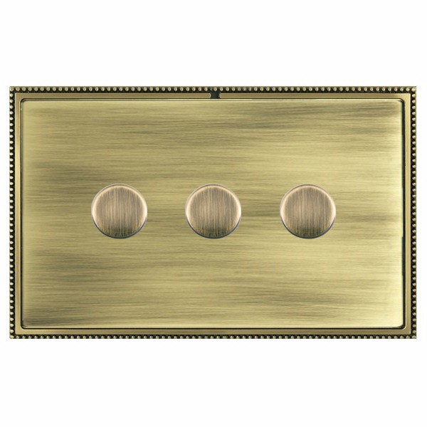 Linea-Perlina CFX Antique Brass Frame/Antique Brass Front 3 gang 100W LED 2 Way Push On/Off Rotary Dimmer Antique Brass