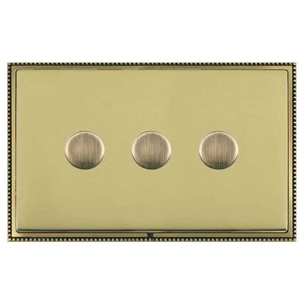 Linea-Perlina CFX Antique Brass Frame/Polished Brass Front 3 gang 100W LED 2 Way Push On/Off Rotary Dimmer Antique Brass