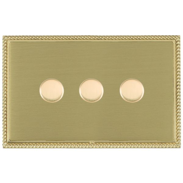 Linea-Perlina CFX Polished Brass Frame/Satin Brass Front 3 gang 100W LED 2 Way Push On/Off Rotary Dimmer Polished Brass