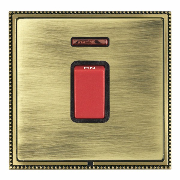 Linea-Perlina CFX Antique Brass Frame/Antique Brass Front 1 gang 45A Double Pole Rocker and Neon Red/Black