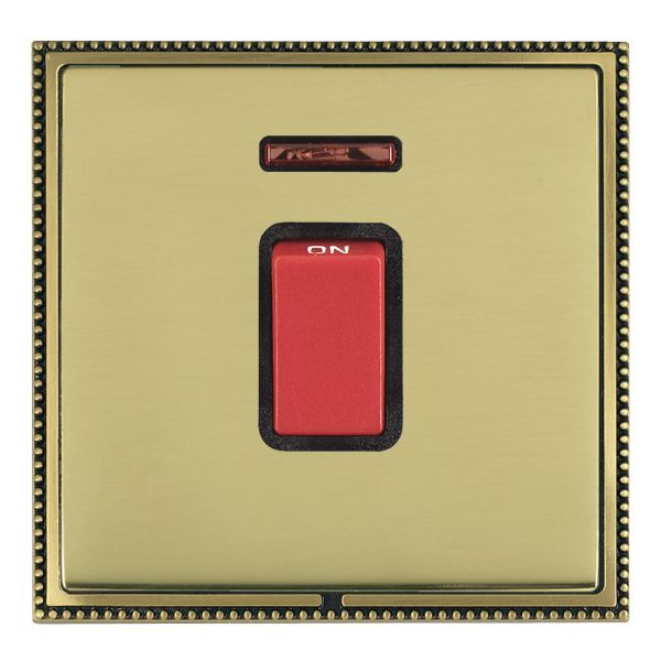 Linea-Perlina CFX Antique Brass Frame/Polished Brass Front 1 gang 45A Double Pole Rocker and Neon Red/Black