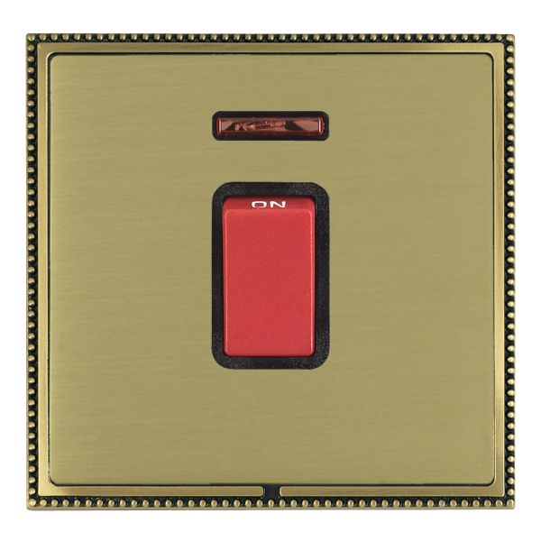 Linea-Perlina CFX Antique Brass Frame/Satin Brass Front 1 gang 45A Double Pole Rocker and Neon Red/Black