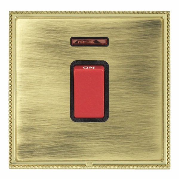 Linea-Perlina CFX Polished Brass Frame/Antique Brass Front 1 gang 45A Double Pole Rocker and Neon Red/Black