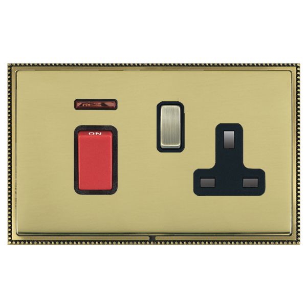 Linea-Perlina CFX Antique Brass Frame/Polished Brass Front 45A Double Pole Rocker + Neon + 13A Switched Socket Red+Antique Brass/Black