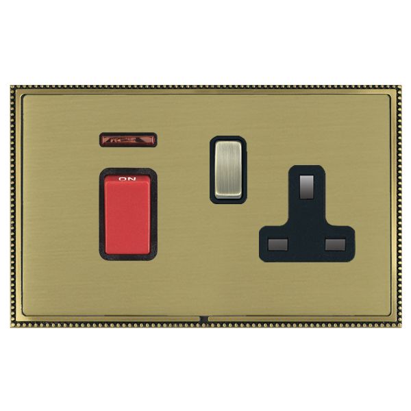 Linea-Perlina CFX Antique Brass Frame/Satin Brass Front 45A Double Pole Rocker + Neon + 13A Switched Socket Red+Antique Brass/Black