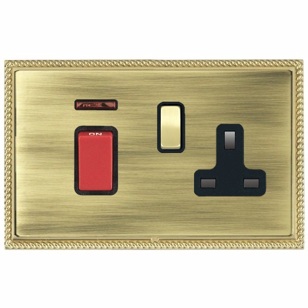 Linea-Perlina CFX Polished Brass Frame/Antique Brass Front 45A Double Pole Rocker + Neon + 13A Switched Socket Red+Polished Brass/Black