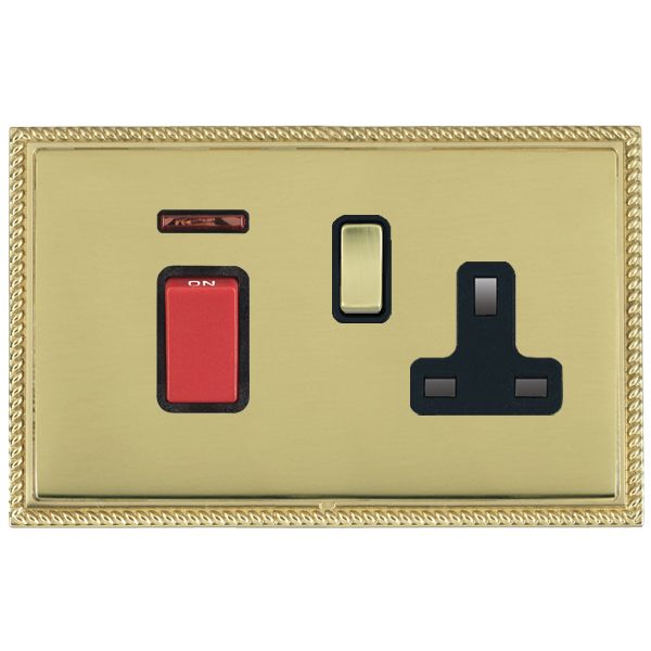 Linea-Perlina CFX Polished Brass Frame/Polished Brass Front 45A Double Pole Rocker + Neon + 13A Switched Socket Red+Polished Brass/Black