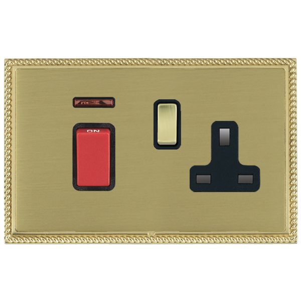 Linea-Perlina CFX Polished Brass Frame/Satin Brass Front 45A Double Pole Rocker + Neon + 13A Switched Socket Red+Polished Brass/Black