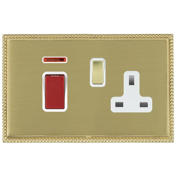 Linea-Perlina CFX Polished Brass Frame/Satin Brass Front 45A Double Pole Rocker + Neon + 13A Switched Socket Red+Polished Brass/White