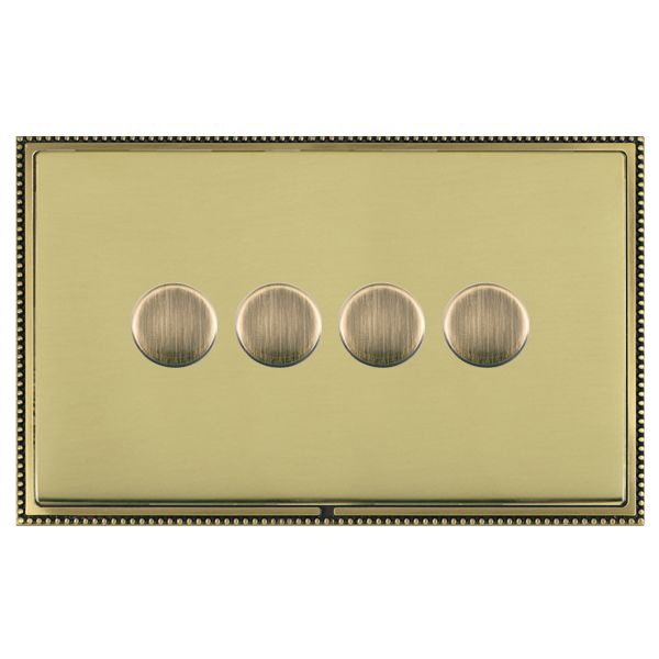 Linea-Perlina CFX Antique Brass Frame/Polished Brass Front 4 gang 100W LED 2 Way Push On/Off Rotary Dimmer Antique Brass