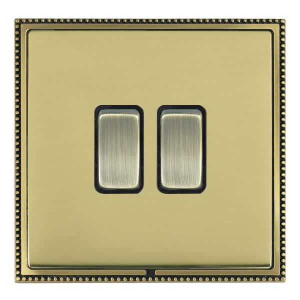 Linea-Perlina CFX Antique Brass Frame/Polished Brass Front 2 gang 10AX 2 Way Rocker Antique Brass/Black