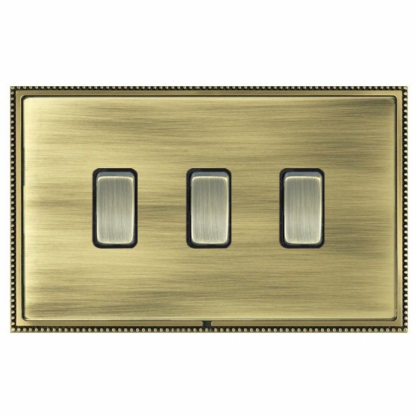 Linea-Perlina CFX Antique Brass Frame/Antique Brass Front 3 gang 20AX 2 Way Rocker Antique Brass/Black