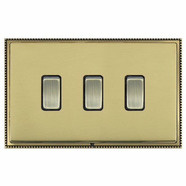 Linea-Perlina CFX Antique Brass Frame/Polished Brass Front 3 gang 20AX 2 Way Rocker Antique Brass/Black