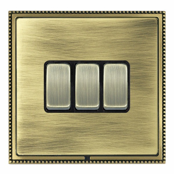 Linea-Perlina CFX Antique Brass Frame/Antique Brass Front 3 gang 10AX 2 Way Rocker Antique Brass/Black
