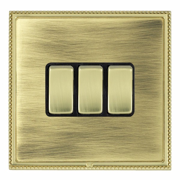 Linea-Perlina CFX Polished Brass Frame/Antique Brass Front 3 gang 10AX 2 Way Rocker Polished Brass/Black