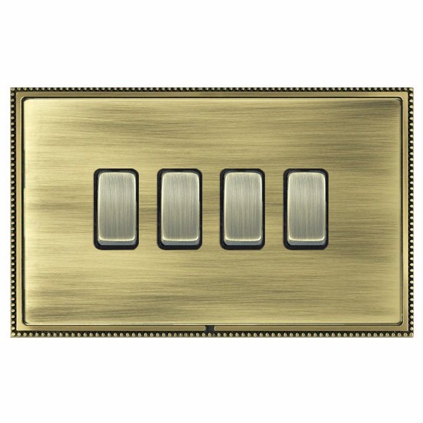 Linea-Perlina CFX Antique Brass Frame/Antique Brass Front 4 gang 20AX 2 Way Rocker Antique Brass/Black