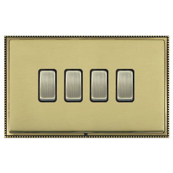 Linea-Perlina CFX Antique Brass Frame/Polished Brass Front 4 gang 10AX 2 Way Rocker Antique Brass/Black