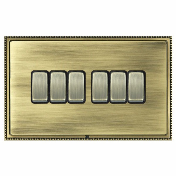 Linea-Perlina CFX Antique Brass Frame/Antique Brass Front 6 gang 10AX 2 Way Rocker Antique Brass/Black