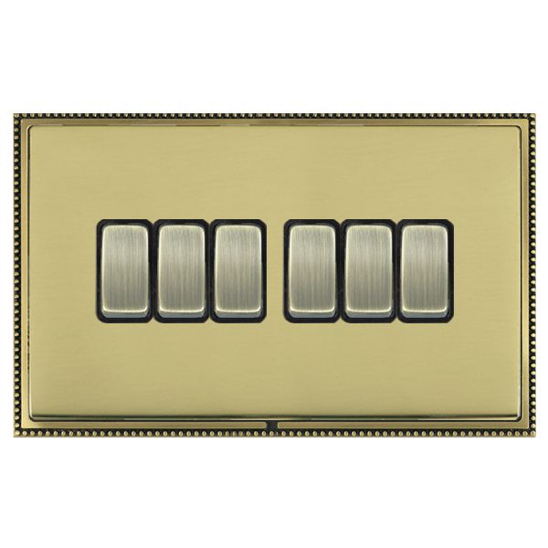 Linea-Perlina CFX Antique Brass Frame/Polished Brass Front 6 gang 10AX 2 Way Rocker Antique Brass/Black